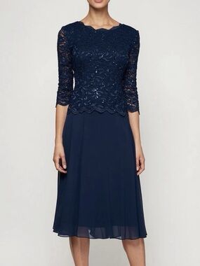 Alex Evenings Navy Lace Appliqué Midi Dress